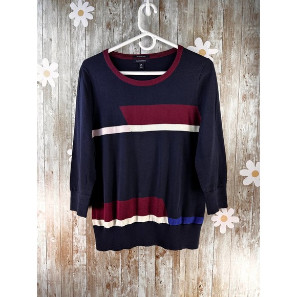 Lands' End Women's Sweater‎ Sz Medium Navy Cranberry Colorblock Crew Neck Knit - Picture 1 of 7